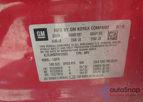 2015 Chevrolet Trax Ltz from USA, damaged, VIN KL7CJNSB2FB122603